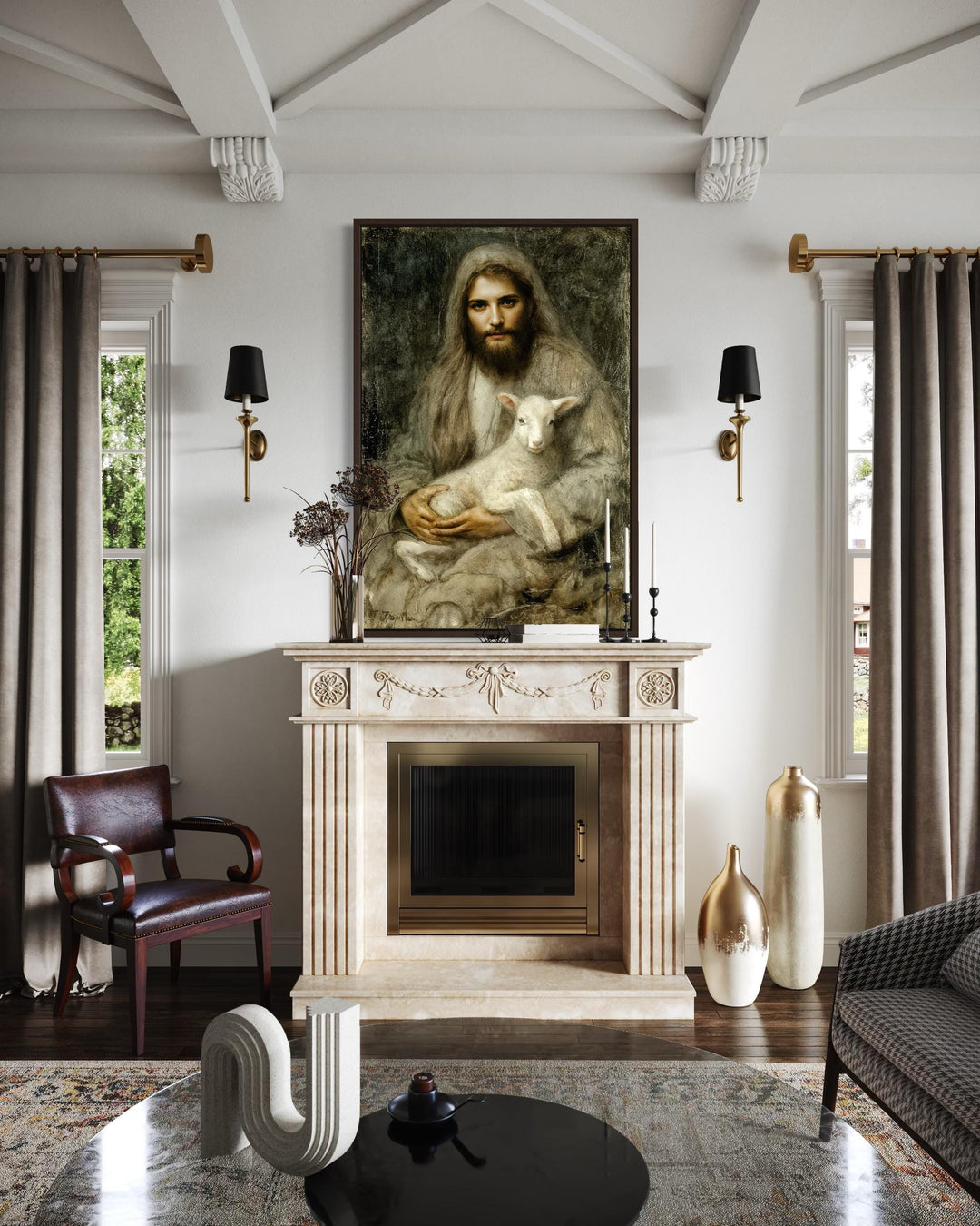 Framed canvas wall art of Jesus holding a lamb displayed above a classic marble fireplace.