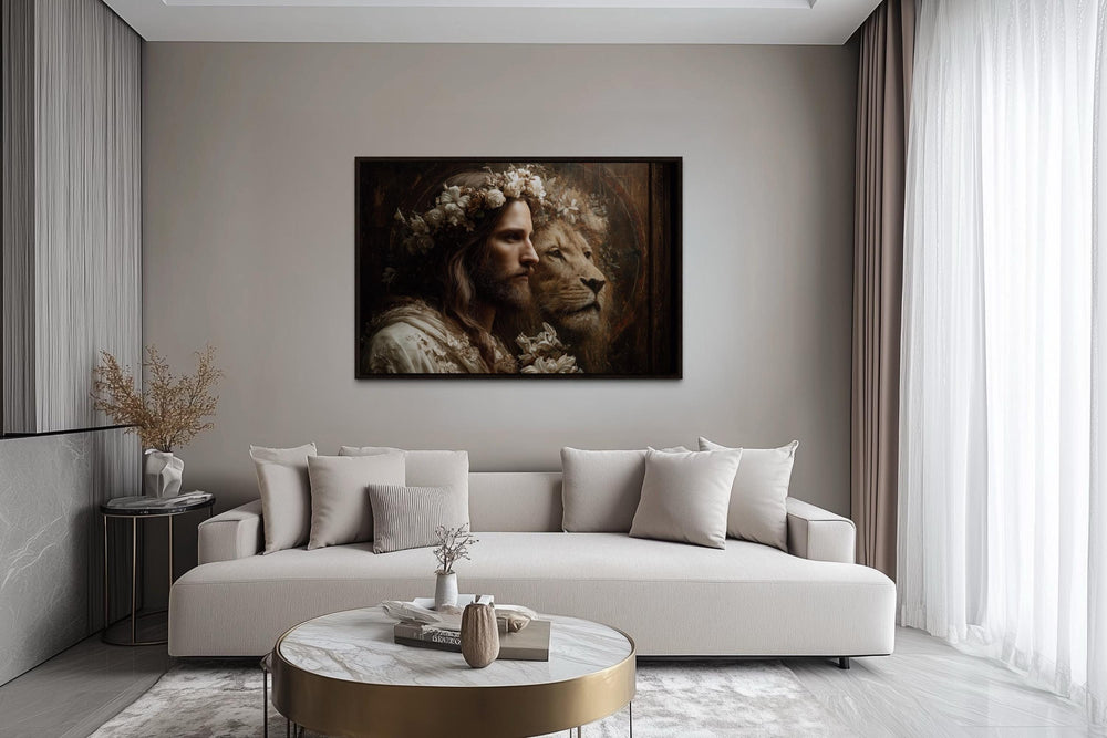 Jesus And Lion Framed Canvas Wall Art