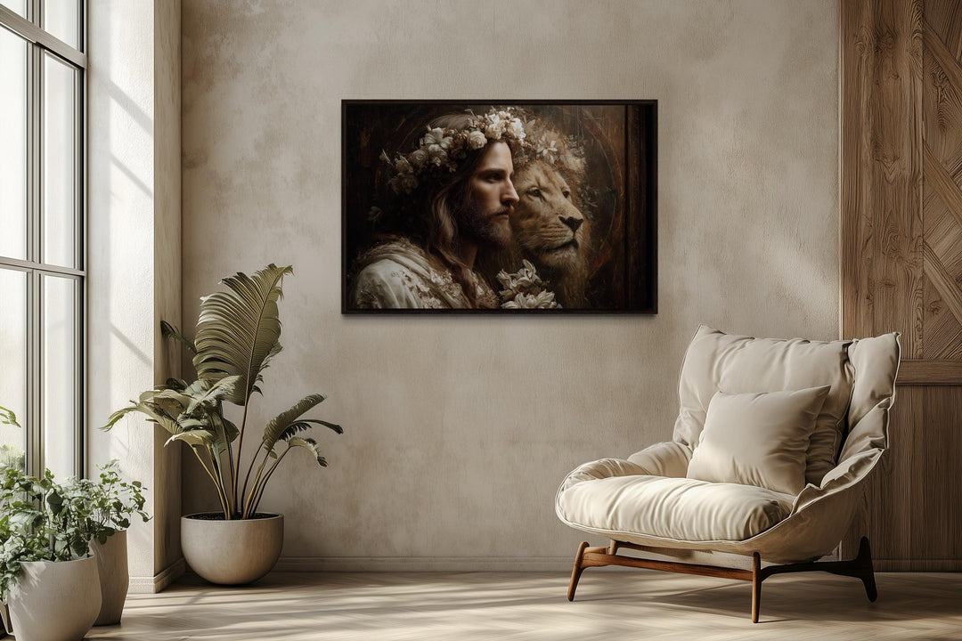 Jesus And Lion Framed Canvas Wall Art