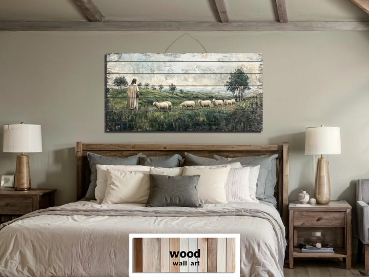 Jesus and sheep distressed wood wall art hanging above a bed in a rustic bedroom.