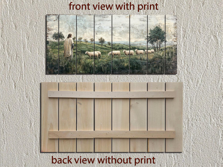 Jesus and sheep scene printed on a multi-plank distressed wood wall art panel.