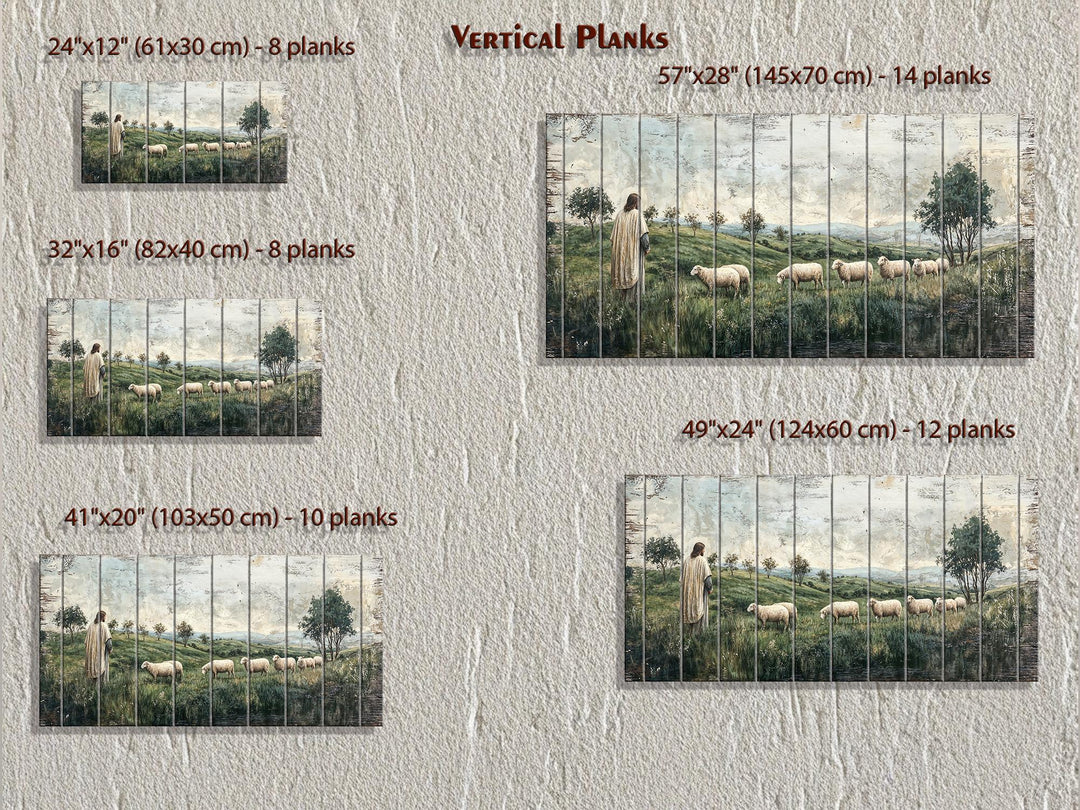 Five sizes of Jesus and sheep distressed wood wall art shown on a textured wall.