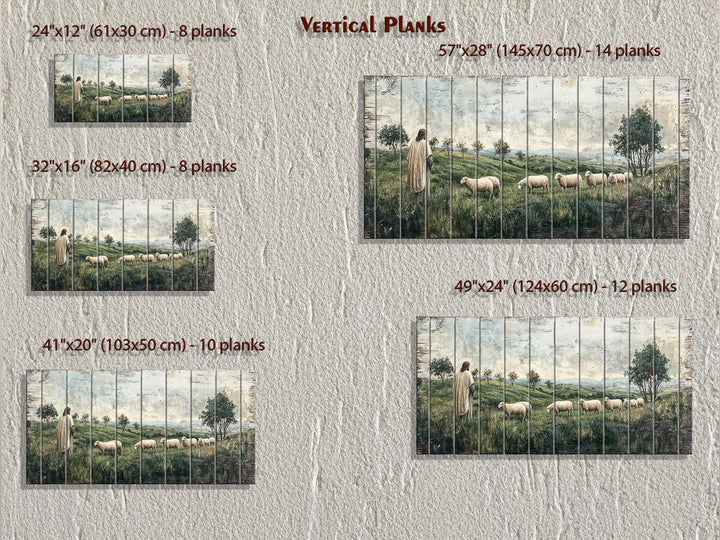 Five sizes of Jesus and sheep distressed wood wall art shown on a textured wall.