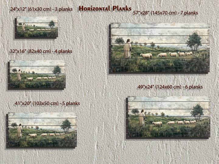 Five sizes of horizontal wood plank wall art featuring Jesus and sheep in a pastoral landscape.