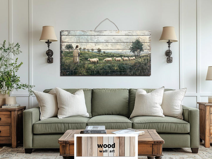 Jesus and sheep distressed wood wall art featuring a serene countryside scene on real wood planks.