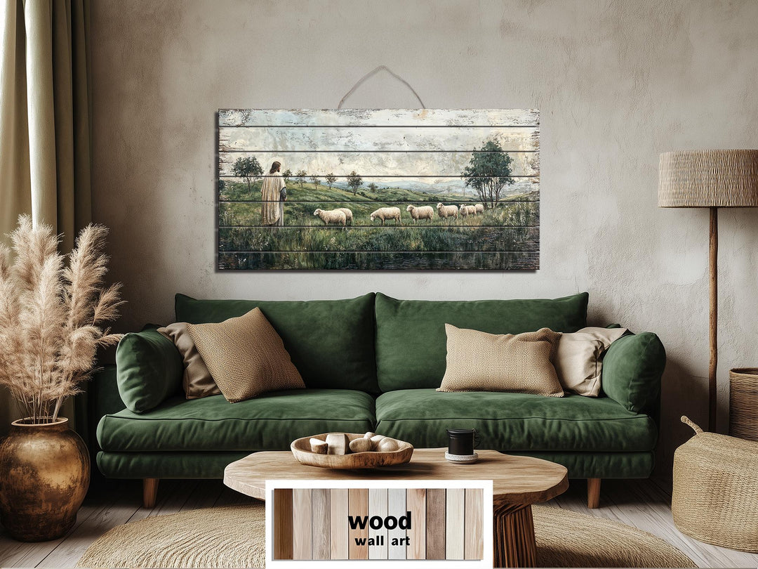 Jesus and sheep landscape printed on horizontal distressed wood planks in a rustic living room.