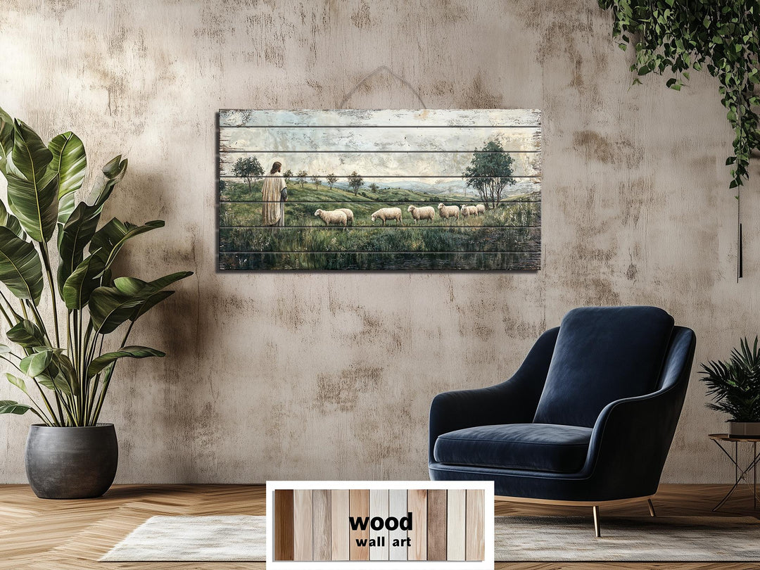 Jesus and sheep landscape printed on horizontal wood planks, hanging in a modern living room.