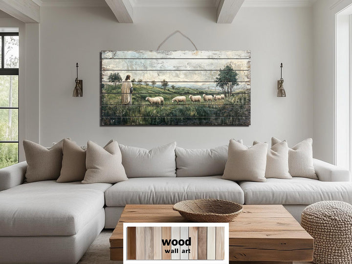 Jesus and sheep landscape printed on horizontal wood planks hanging above a modern sofa.