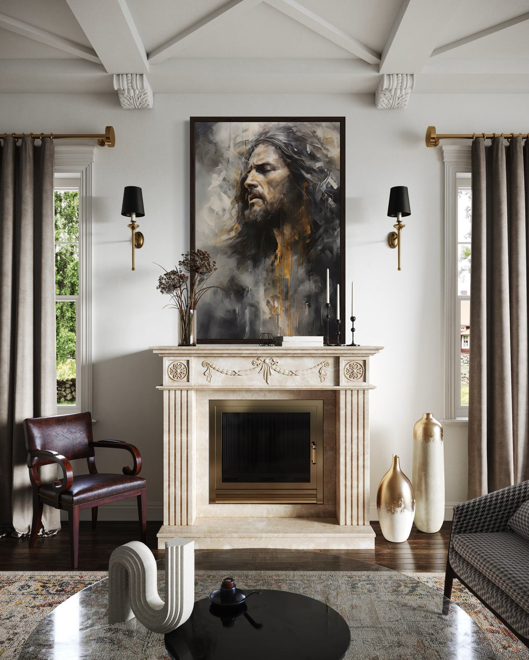 Jesus Christ abstract modern Christian framed canvas wall art displayed above a fireplace mantel.