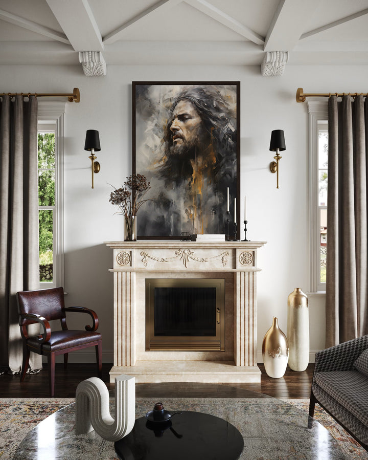Jesus Christ abstract modern Christian framed canvas wall art displayed above a fireplace mantel.