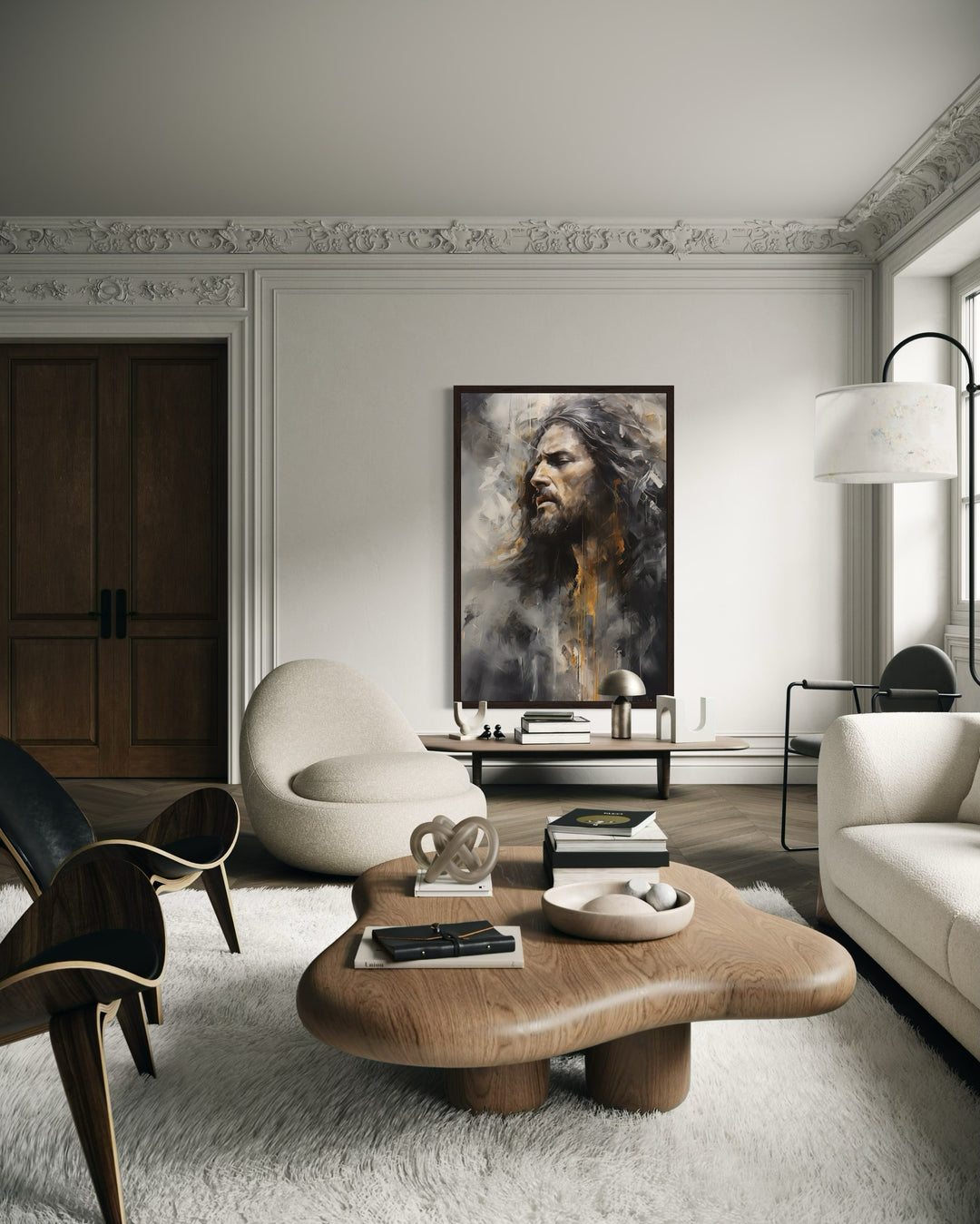 Jesus Christ abstract modern Christian framed canvas wall art in a contemporary living room.