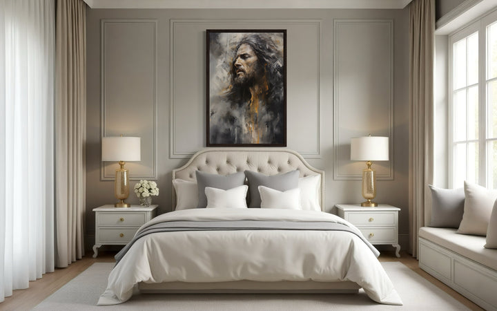 Jesus Christ abstract modern Christian framed canvas wall art hanging above a bed in a bedroom.