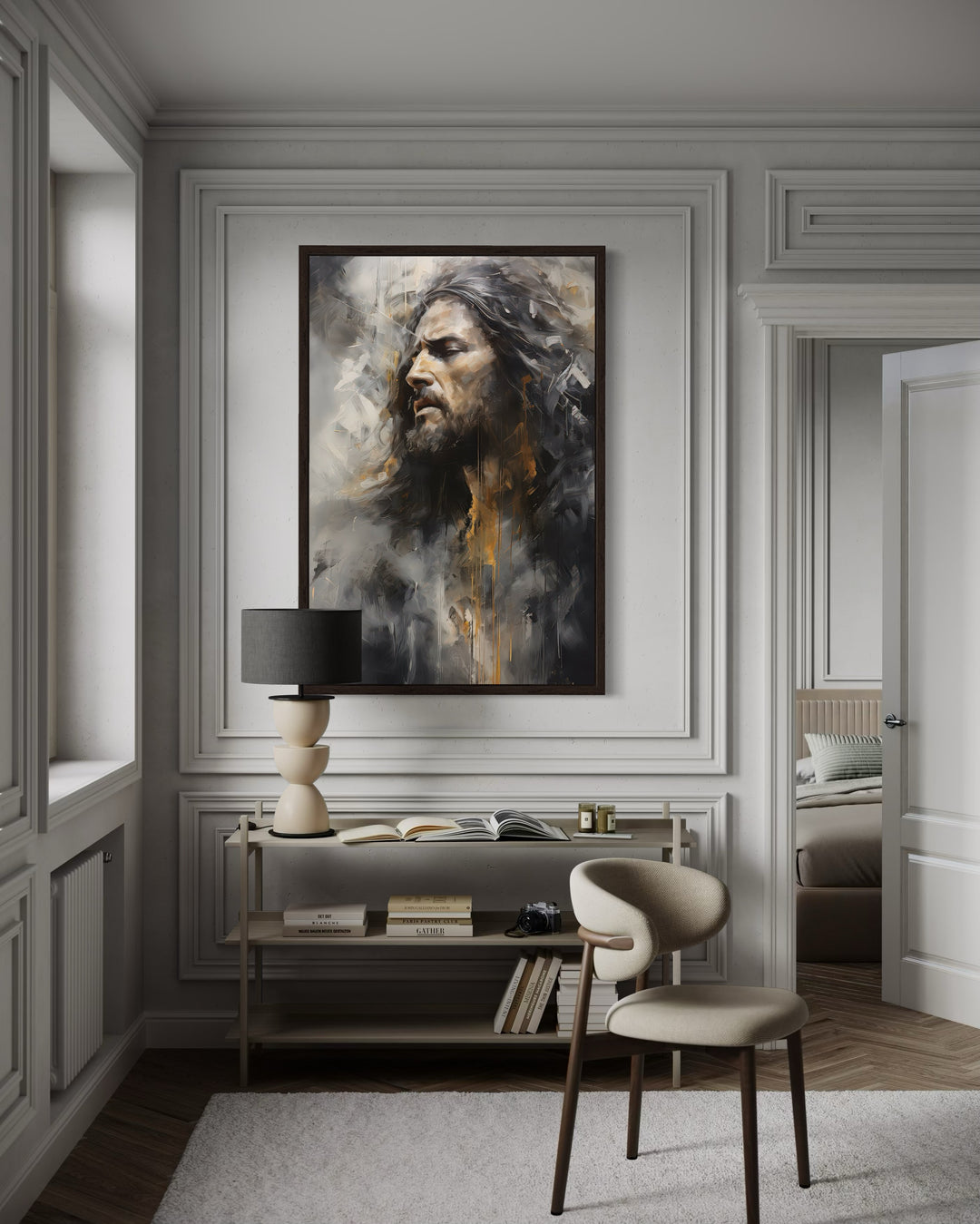 Jesus Christ abstract modern Christian framed canvas wall art in a neutral-toned room.