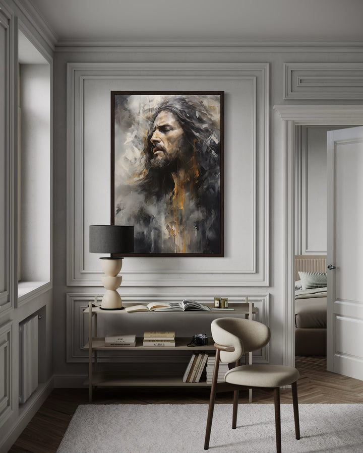 Jesus Christ abstract modern Christian framed canvas wall art in a neutral-toned room.
