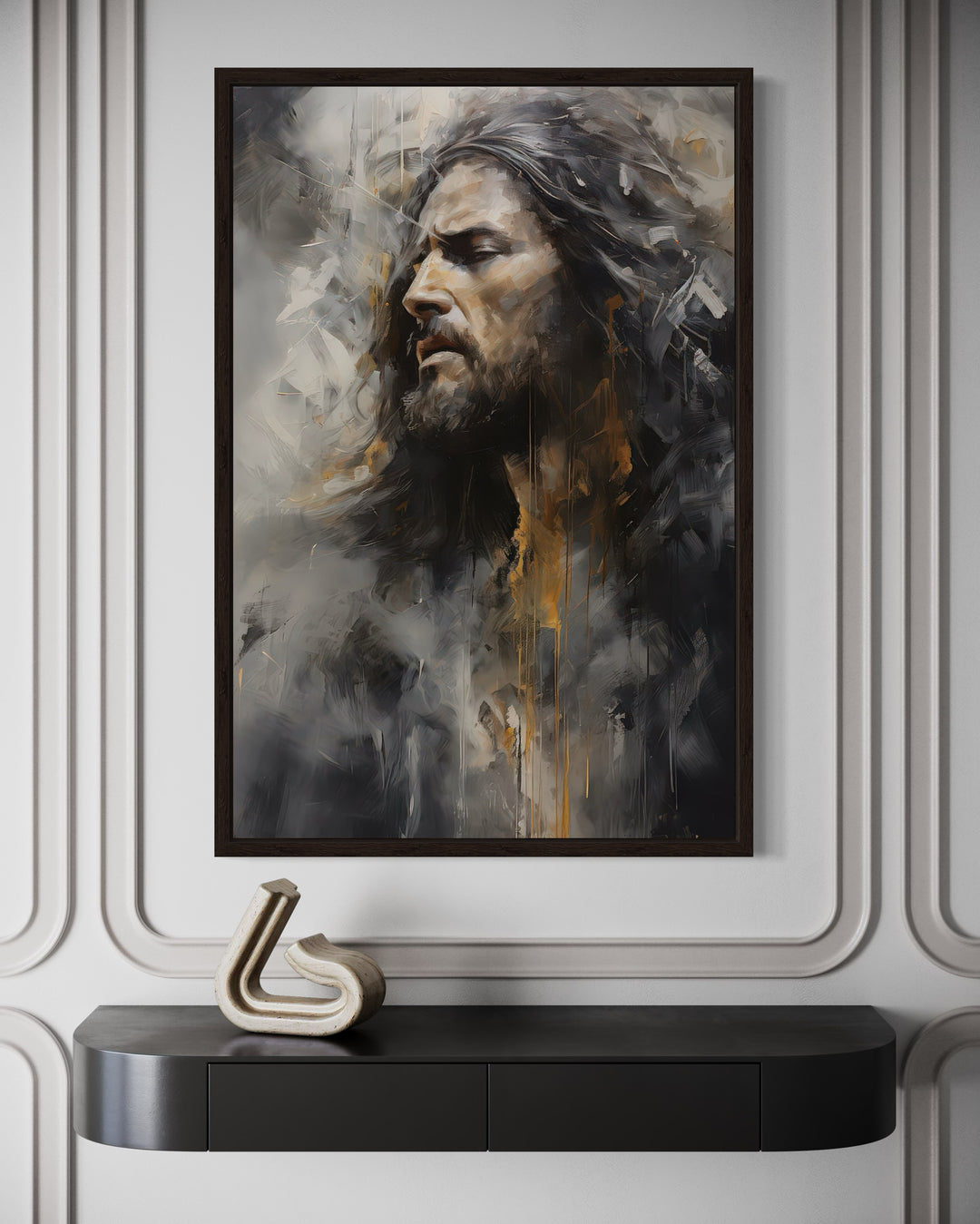 Jesus Christ abstract modern Christian framed canvas wall art above a black console table.