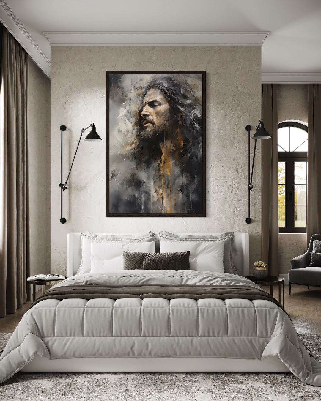 Jesus Christ abstract modern Christian framed canvas wall art hanging above a bed in a bedroom.