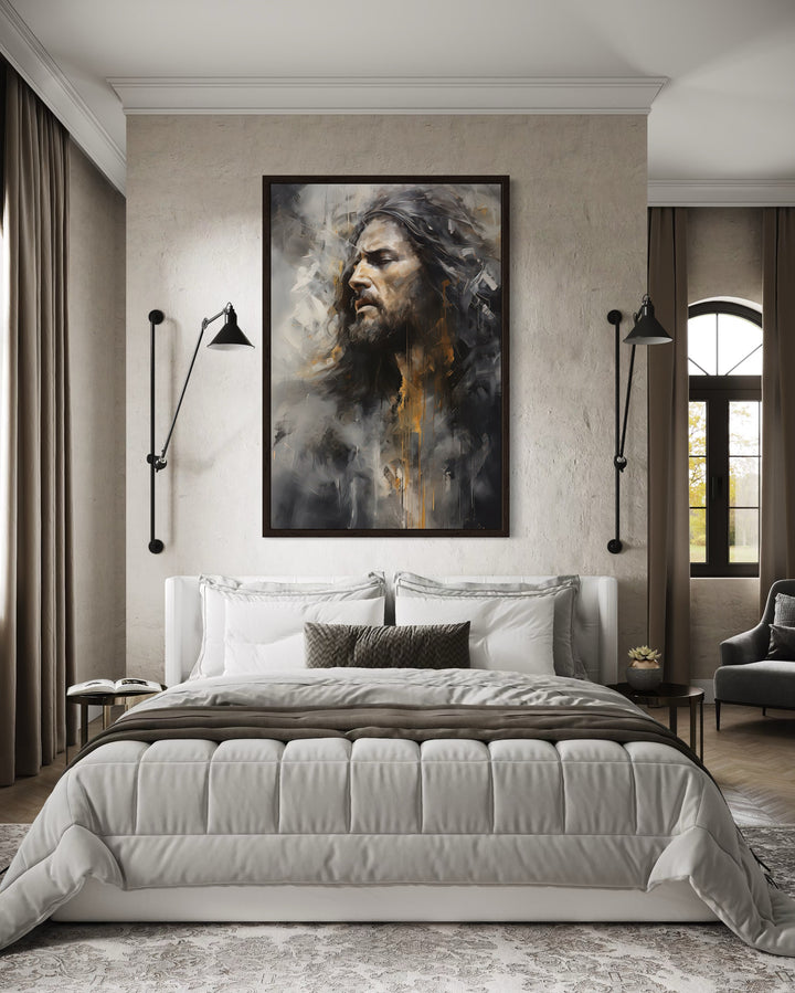 Jesus Christ abstract modern Christian framed canvas wall art hanging above a bed in a bedroom.