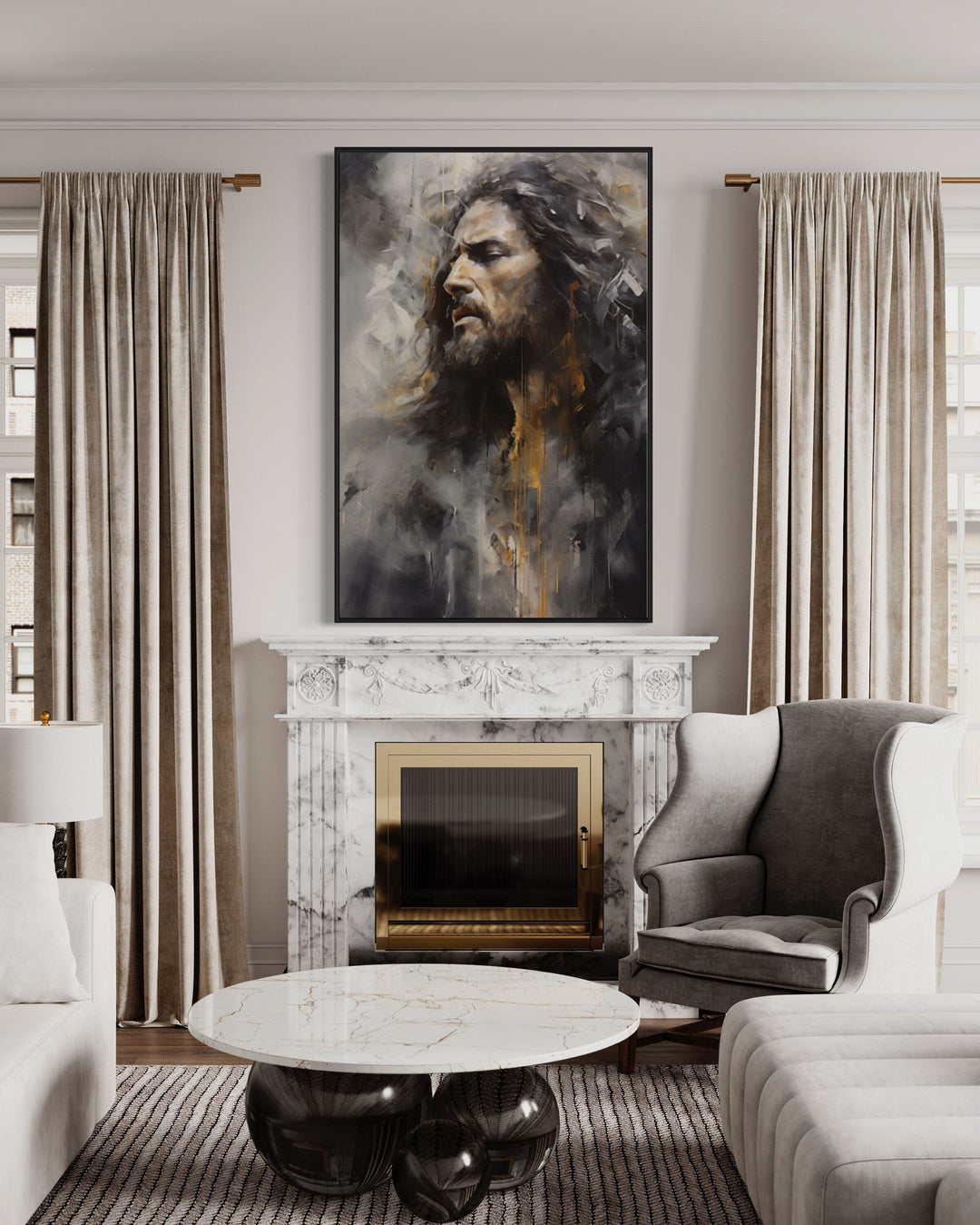 Jesus Christ abstract modern Christian framed canvas wall art hanging above a marble fireplace.