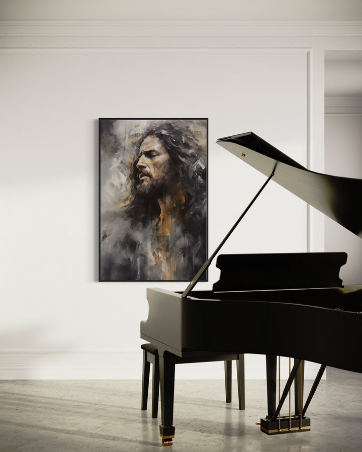 Jesus Christ abstract modern Christian framed canvas wall art hanging in a room with a grand piano.