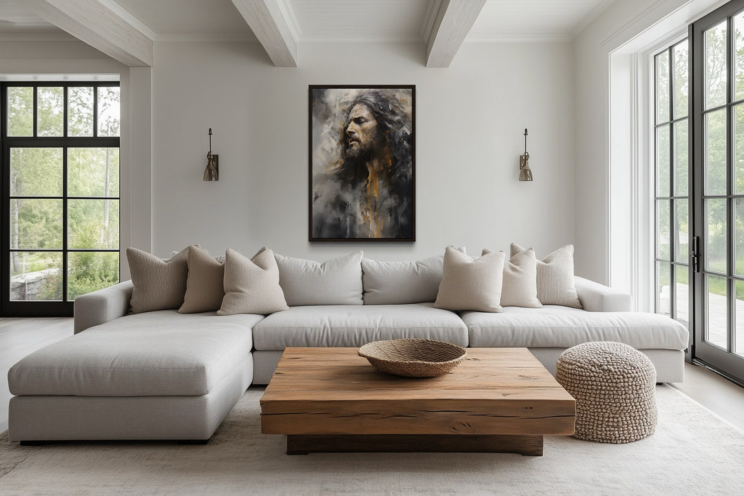 Jesus Christ abstract modern Christian framed canvas wall art hanging above a sofa in a living room.