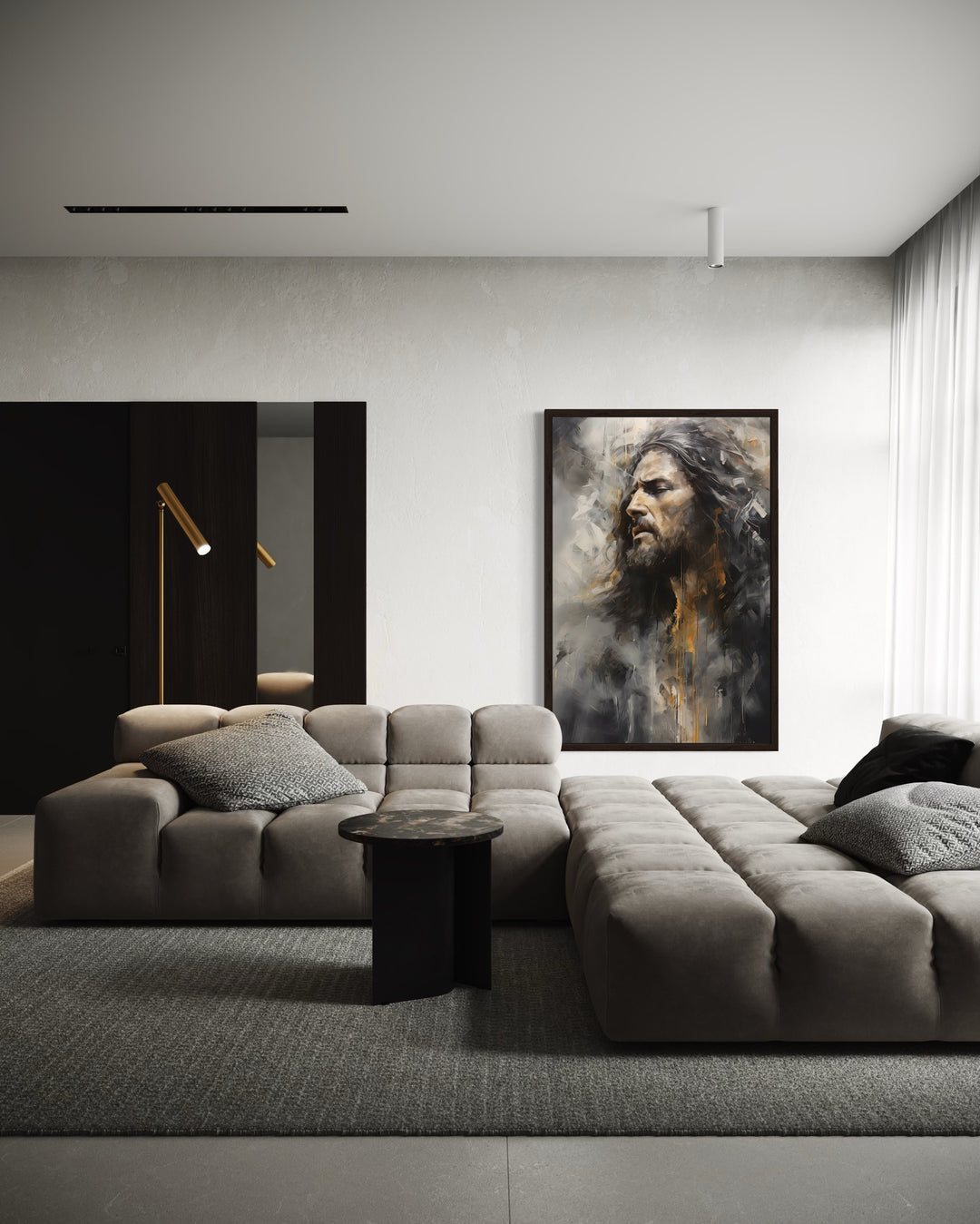 Jesus Christ abstract modern Christian framed canvas wall art hanging in a minimalist living room.
