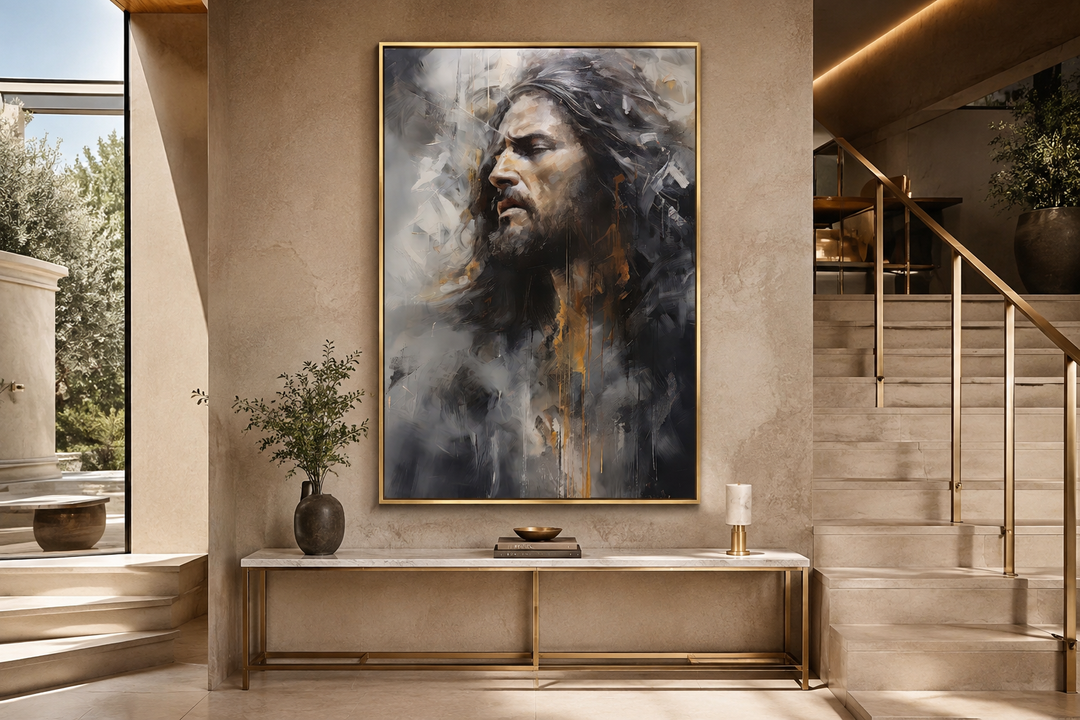 Jesus Christ abstract modern Christian framed canvas wall art in a contemporary entryway.