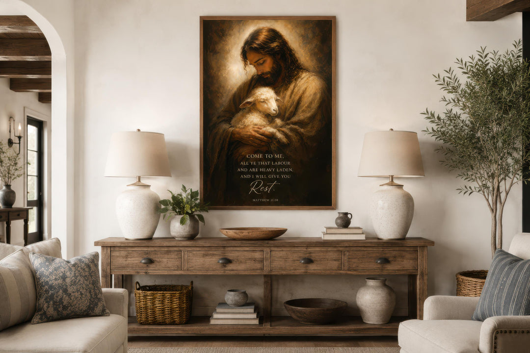 Jesus Holding Lamb wall art with Matthew 11:28 scripture above a wooden console table in a home.