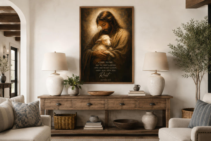Jesus Holding Lamb wall art with Matthew 11:28 scripture above a wooden console table in a home.