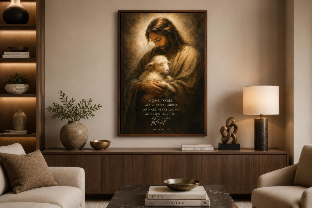 Jesus holding a lamb canvas art with Matthew 11:28 scripture above a modern wooden sideboard.