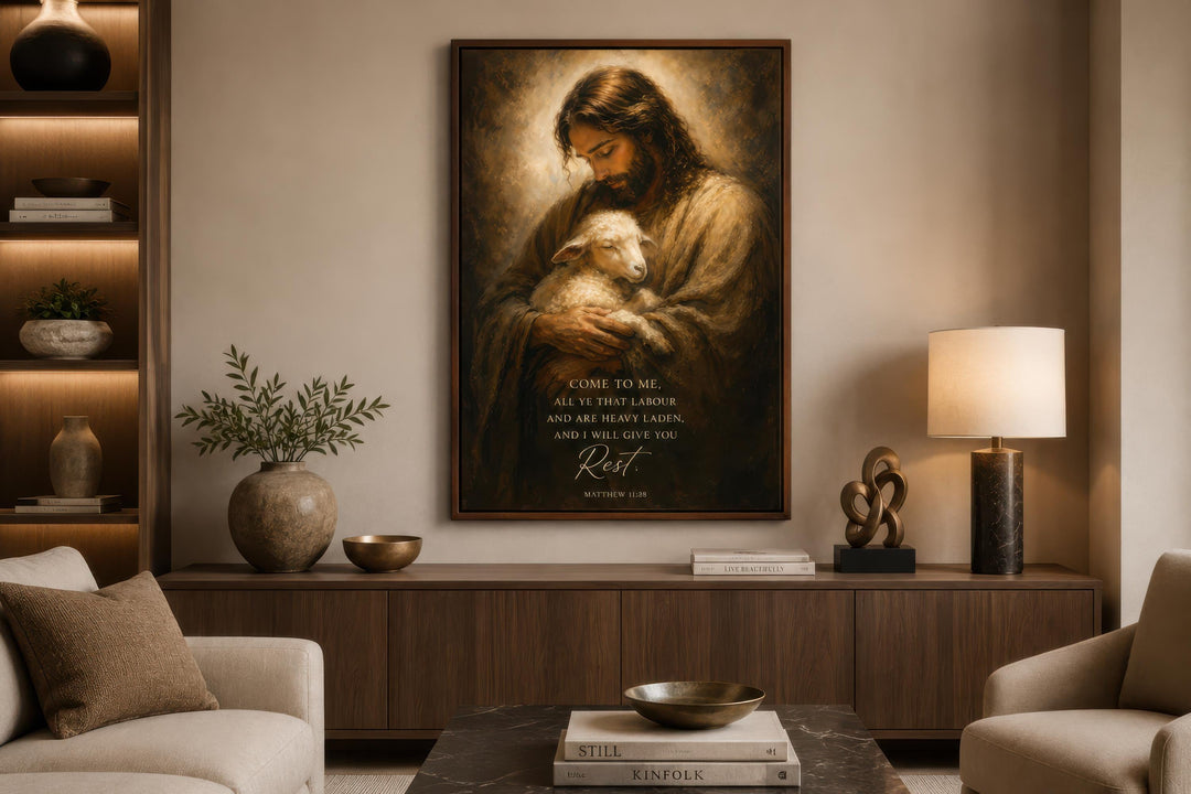 Jesus holding a lamb canvas art with Matthew 11:28 scripture above a modern wooden sideboard.