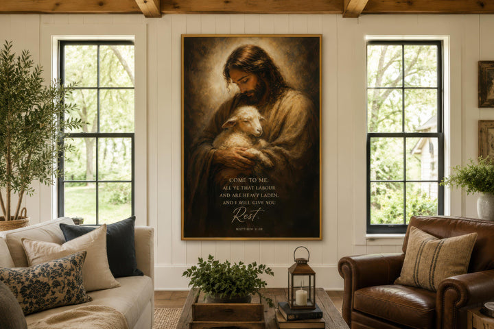 Jesus holding a lamb canvas wall art with Matthew 11:28 scripture in a cozy living room setting.
