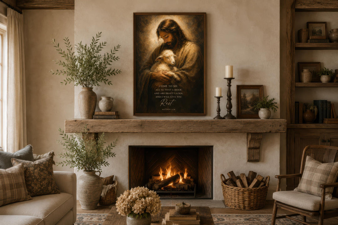 Jesus holding a lamb canvas print with Matthew 11:28 scripture above a rustic fireplace.