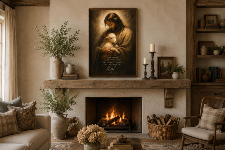 Jesus holding a lamb canvas print with Matthew 11:28 scripture above a rustic fireplace.