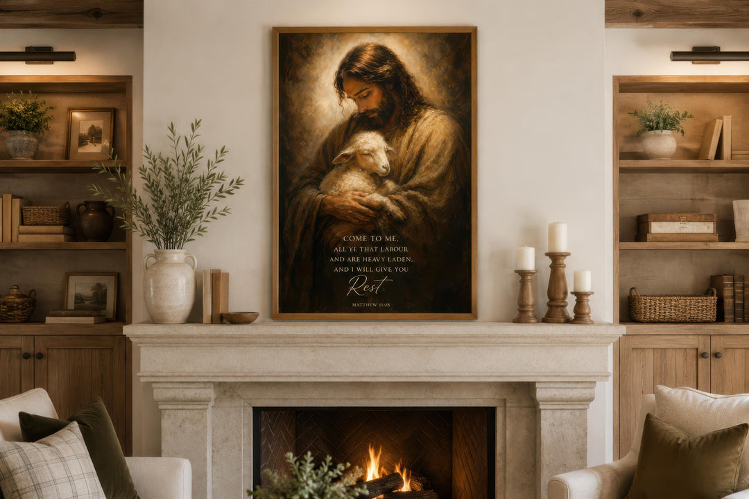 Jesus holding a lamb canvas art with Matthew 11:28 scripture above a fireplace in a cozy room.