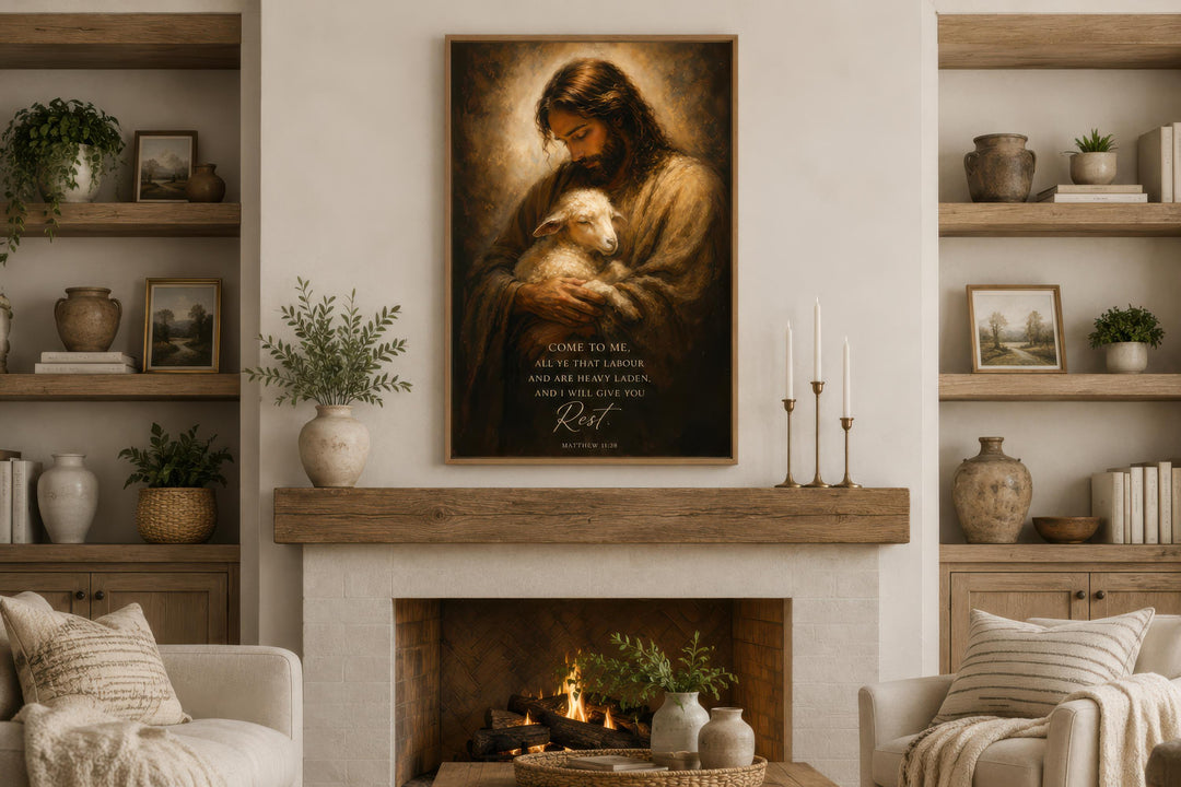 Jesus holding a lamb canvas print with Matthew 11:28 verse above a fireplace in a cozy living room.