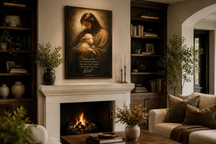 Jesus Holding Lamb canvas wall art with Matthew 11:28 verse above a fireplace in a cozy living room.