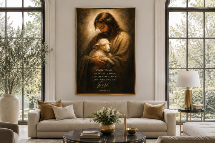 Jesus holding a lamb canvas print with Matthew 11:28 verse hanging above a sofa in a living room.
