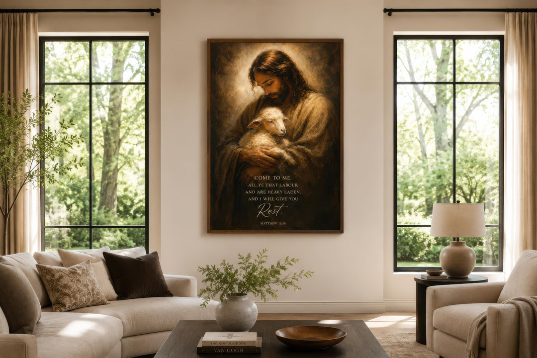Jesus holding a lamb canvas art with Matthew 11:28 verse hanging in a modern living room.