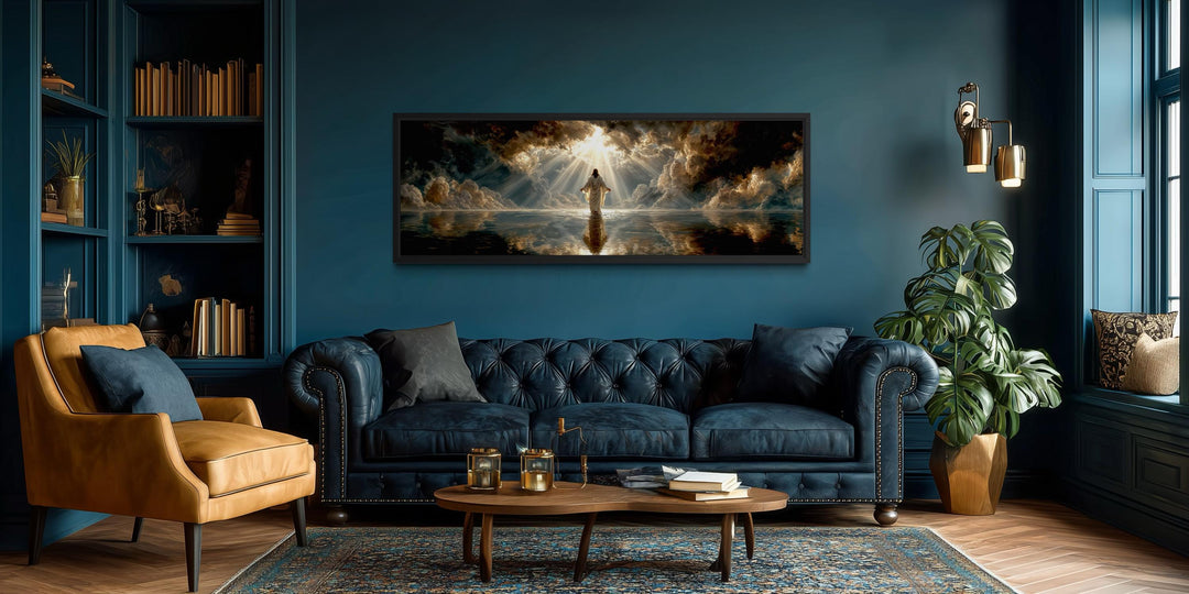 Panoramic canvas print of Jesus walking on water displayed in a dark blue, classic living room.
