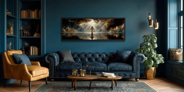 Panoramic canvas print of Jesus walking on water displayed in a dark blue, classic living room.