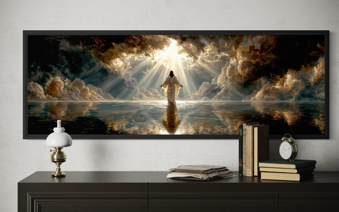 Panoramic canvas print of Jesus walking on water under a dramatic, light-filled sky.