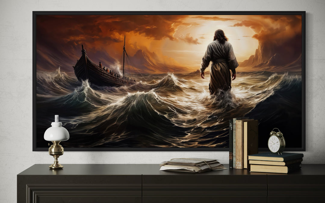 Jesus Walking On Water In Storm Modern Christian Framed Canvas Wall Art above a dark wood dresser.