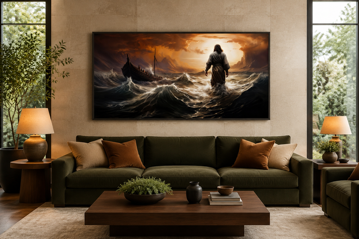 Framed canvas wall art of Jesus walking on stormy water, displayed above a green sofa in a room.