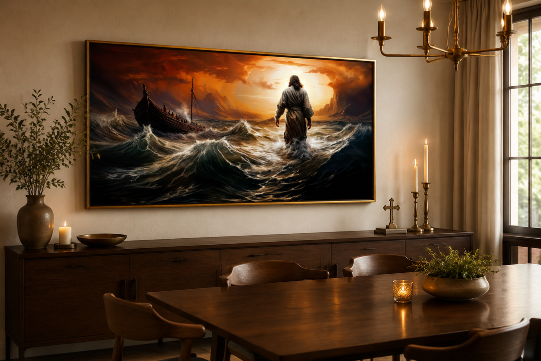 Framed canvas wall art of Jesus walking on water in a storm above a wooden sideboard in a dining room