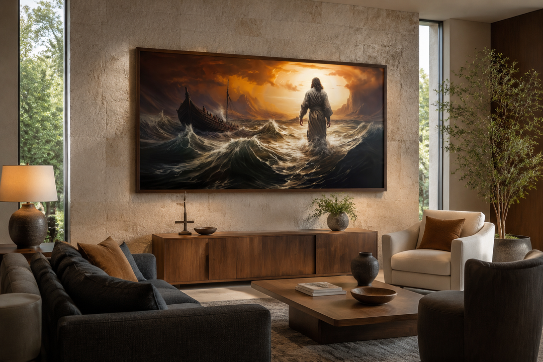 Framed canvas wall art of Jesus walking on water in a storm, displayed in a modern living room.