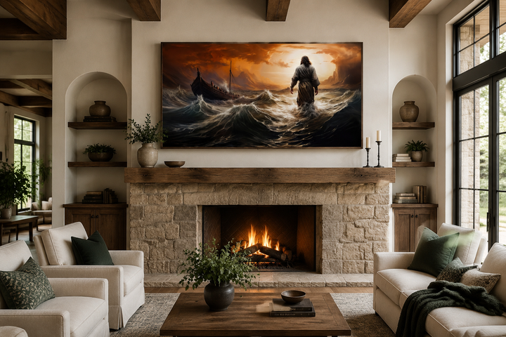 Framed canvas wall art of Jesus walking on water in a storm, displayed above a stone fireplace.