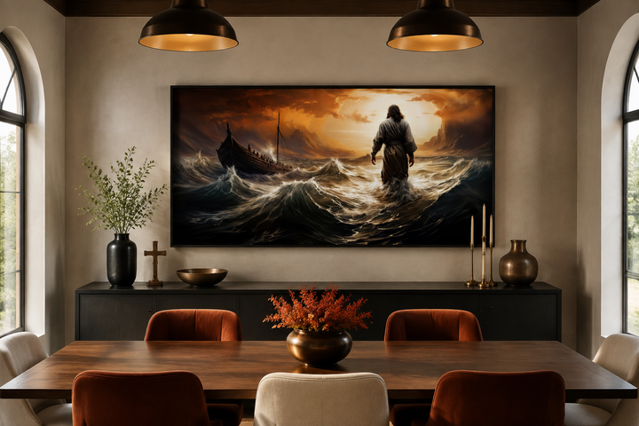 Framed canvas wall art of Jesus walking on water in a storm, displayed in a modern dining room.