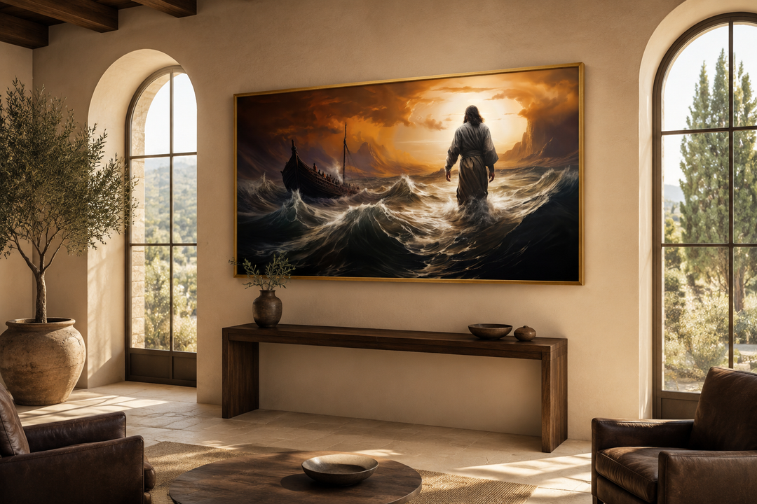 Jesus Walking On Water In Storm framed canvas wall art displayed in a modern living room.