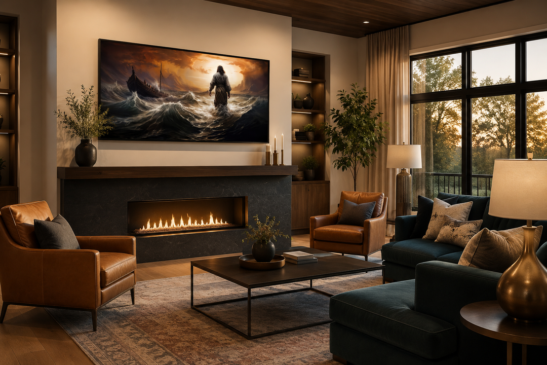 Modern framed canvas art of Jesus walking on water in a storm, displayed above a living room mantel.