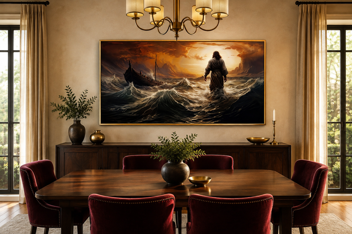 Framed canvas wall art of Jesus walking on water in a storm, hung in a modern dining room.